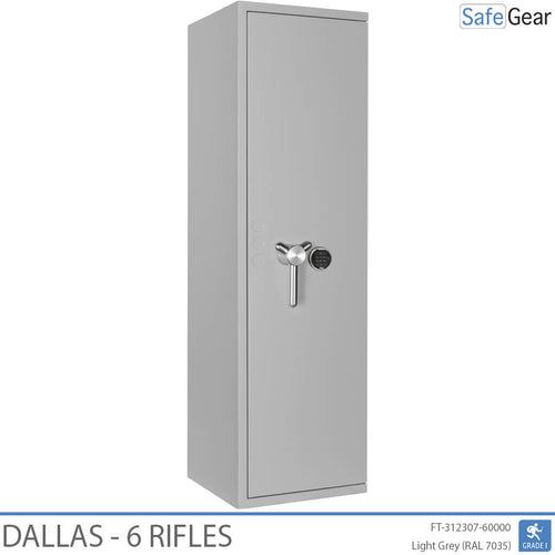 Dallas 6 gun safe in Light Grey, door closed, electronic code lock