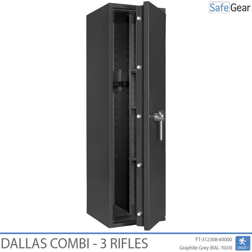 Dallas Combi 3 gun safe in Graphite Grey, door half open, rifle holders and shelves