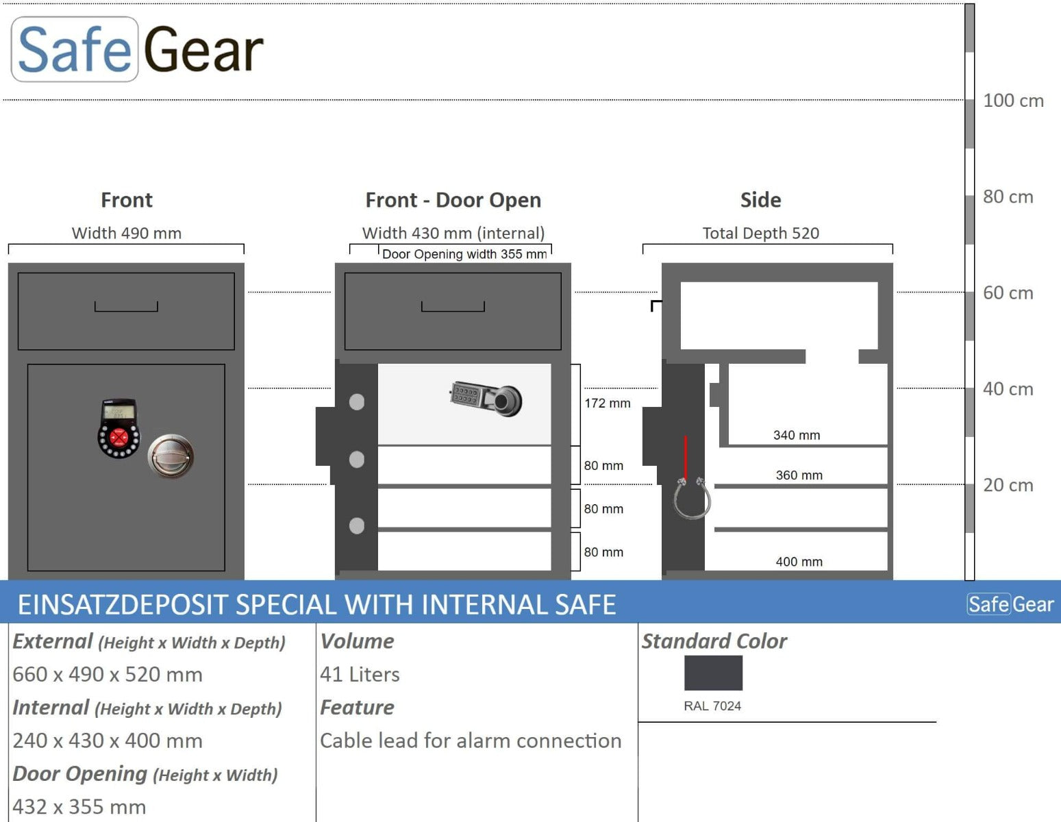 EINSATZ DEPOSIT SAFE SPECIAL WITH INTERNAL COMPARTMENT - SIZE ILLUSTRATION