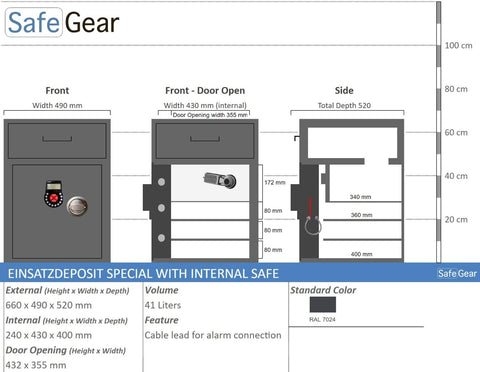 EINSATZ DEPOSIT SAFE SPECIAL WITH INTERNAL COMPARTMENT - SIZE ILLUSTRATION