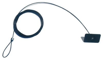Wire safety, BLACK, Ø 1mm, 183cm. Lasso and metal plate with adhesive surface of 32 x 22mm.