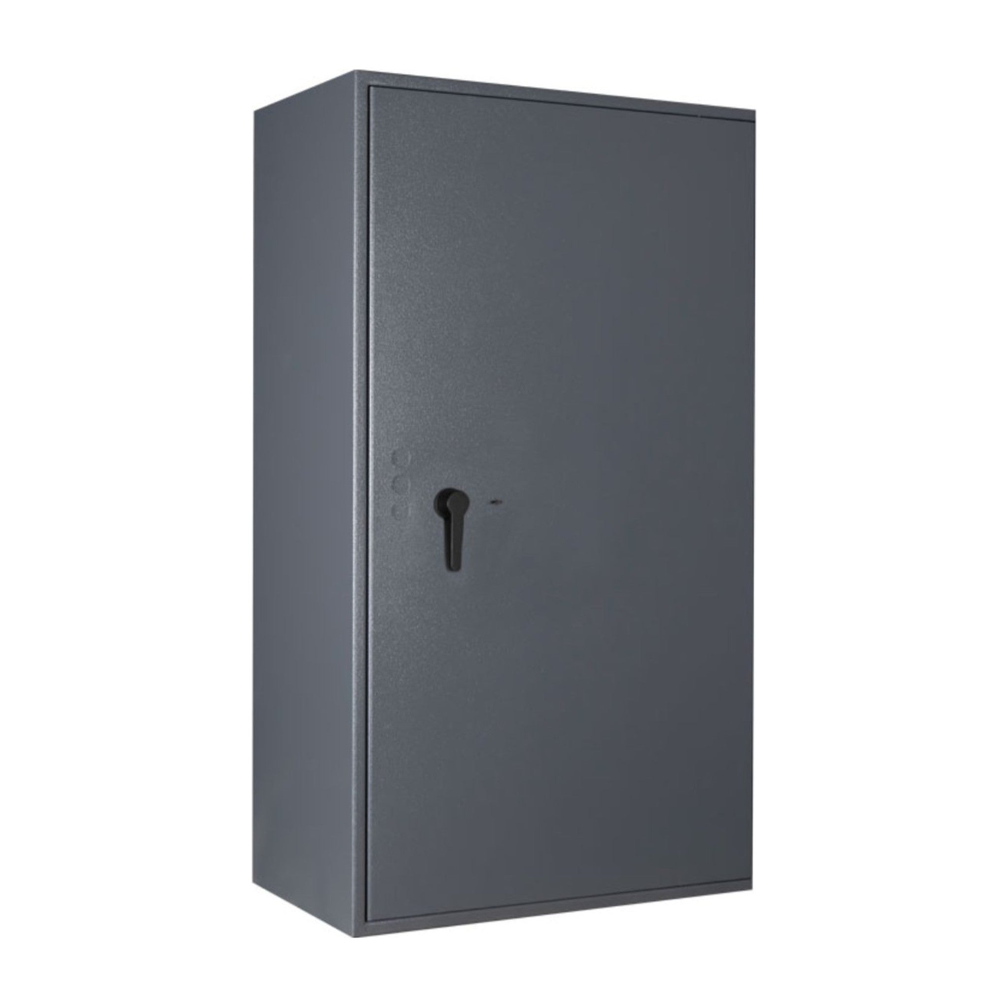 STL AS car key safe in graphite grey, door closed — front three-quarter view with key lock