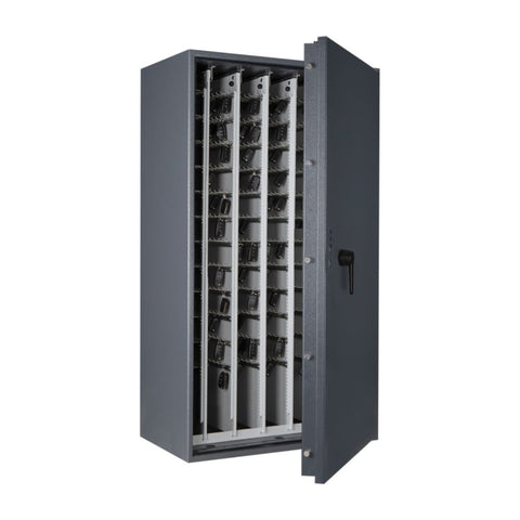 STL AS car key safe in graphite grey, angled view with door open and car keys on pull-out key racks